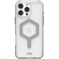 Przezroczyste etui UAG Plyo do iPhone 16 Pro Max z szarym pierścieniem magnetycznym MagSafe na pleckach oraz widocznym logotypem UAG u dołu obudowy.