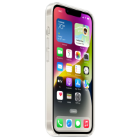 Przezroczyste etui Apple MagSafe na iPhone 14, widok z boku prezentujący przyciski głośności oraz aktywny ekran główny z ikonami aplikacji i widżetami.