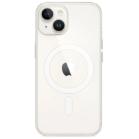 Przezroczyste etui Apple MagSafe nałożone na iPhone 14, widok na tylny panel z charakterystycznym okręgiem magnetycznym oraz modułem dwóch aparatów.