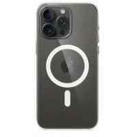 Przezroczyste etui Apple MagSafe do iPhone 15 Pro Max z widocznym okręgiem magnetycznym na pleckach oraz wycięciem na potrójny aparat z lampą błyskową.