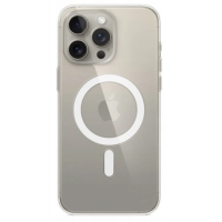 Przezroczyste etui Apple MagSafe do iPhone 15 Pro Max z widocznym białym pierścieniem magnetycznym na pleckach oraz potrójnym modułem aparatów w rogu.