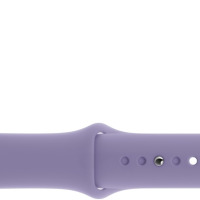 Silikonowy pasek Apple do zegarka Apple Watch w kolorze angielskiej lawendy, widoczny od strony zapięcia z metalowym pinem oraz otworami do regulacji.