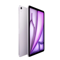 Apple iPad Air 11 M3 7. generacji w kolorze fioletowym, widok z profilu prezentujący tylny panel z aparatem oraz ekran z abstrakcyjną fioletową grafiką.