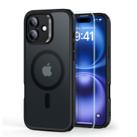 Czarne etui ESR Classic Set HaloLock MagSafe do iPhone 16 z matowymi pleckami, widoczne obok smartfona z nałożonym szkłem ochronnym na ekranie.