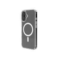 Przezroczyste etui JCPal DualPro z wbudowanym pierścieniem MagSafe do iPhone 16, ukazujące wycięcia na podwójny aparat oraz boczne przyciski urządzenia.