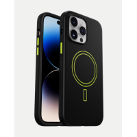 Czarne etui OtterBox Aneu do iPhone 14 Pro Max z jaskrawozielonym okręgiem MagSafe i przyciskami, prezentujące tył z wyspą aparatów oraz profil urządzenia.