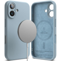 Niebieskie etui Ringke Silicone MagSafe do iPhone 16, widok na zewnętrzną stronę z ładowarką oraz wnętrze wyłożone zamszem z nadrukiem Liquid Silicone.