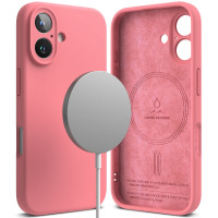Różowe etui Ringke Silicone MagSafe do iPhone 16 z widoczną wyspą aparatów oraz wnętrzem wyłożonym zamszem z nadrukiem Liquid Silicone i logiem producenta.