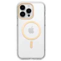 Przezroczyste etui Tech21 Evo do iPhone 14 z magnetycznym pierścieniem MagSafe oraz złotą ramką wokół potrójnego aparatu, widok na tylną część obudowy.