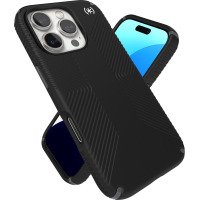 Czarne etui Speck Presidio2 Grip z MagSafe do iPhone 16 Pro, ukazujące teksturowany tył z charakterystycznymi żebrowaniami oraz potrójny moduł aparatu.