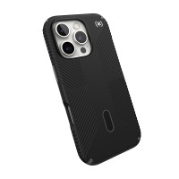 Czarne etui Speck Presidio2 Grip z logo marki do iPhone 16 Pro, ukazujące teksturowany tył, system MagSafe oraz potrójną wyspę aparatów w widoku izometrycznym.