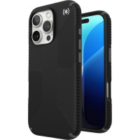Czarne etui Speck Presidio2 Grip MagSafe do iPhone 16 Pro z charakterystyczną fakturą na pleckach, widoczne od strony wyspy aparatów oraz ekranu.