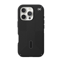 Czarne etui Speck Presidio2 Grip do iPhone 16 Pro z technologią MagSafe, widok na tył z charakterystycznym żebrowanym wzorem i wyspą potrójnego aparatu.