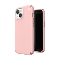 Różowe etui Speck Presidio2 Pro do iPhone 15, ukazujące tył z wyspą aparatów oraz profil z przyciskami funkcyjnymi, z widocznym logo marki na obudowie.