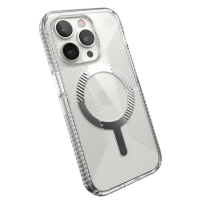 Przezroczyste etui Speck Presidio Grip MagSafe do iPhone 14 Pro, ukazujące tył telefonu z potrójnym aparatem oraz charakterystyczny pierścień magnetyczny.