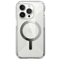 Przezroczyste etui Speck Presidio Grip MagSafe do iPhone 14 Pro z widocznym magnetycznym pierścieniem na pleckach oraz charakterystyczną wyspą aparatów.