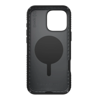 Czarne etui Speck Presidio2 Grip MagSafe do iPhone 16 Pro Max z widocznym pierścieniem magnetycznym, wycięciem na aparat i napisem Designed for Impact.