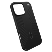 Czarne etui Speck Presidio2 Grip do iPhone 16 Pro Max z logo marki, widoczne pod kątem, ukazujące wycięcie na wyspę aparatów oraz antypoślizgowy wzór.