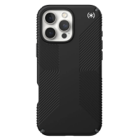 Czarne etui Speck Presidio2 Grip MagSafe do iPhone 16 Pro Max z charakterystycznym żebrowanym wzorem, widok na tył urządzenia z potrójnym aparatem i logo.