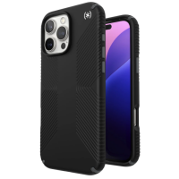 Czarne etui Speck Presidio2 Grip MagSafe do iPhone 16 Pro Max z charakterystyczną fakturą, widok na tył z wyspą aparatów oraz profil z przyciskami bocznymi.