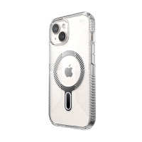 Przezroczyste etui Speck Presidio2 Grip ClickLock MagSafe do iPhone 15 z widocznym pierścieniem magnetycznym na pleckach oraz wycięciem na aparat.