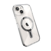 Przezroczyste etui Speck Presidio2 Grip ClickLock MagSafe do iPhone 15 z widocznym magnetycznym pierścieniem oraz charakterystyczną wyspą aparatów.