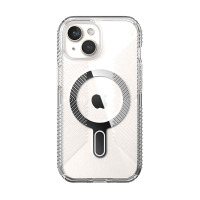 Przezroczyste etui Speck Presidio2 Grip ClickLock do iPhone 15 z widocznym magnetycznym pierścieniem MagSafe oraz charakterystyczną wyspą aparatów.