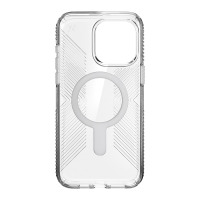 Przezroczyste etui Speck Presidio2 Grip z technologią MagSafe do iPhone 15 Pro Max, widoczny pierścień magnetyczny oraz wycięcie na wyspę aparatów.