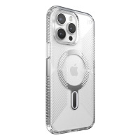 Przezroczyste etui Speck Presidio2 Grip ClickLock MagSafe do iPhone 15 Pro Max z widocznym pierścieniem magnetycznym oraz potrójnym modułem aparatów.