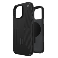 Czarne etui Speck Presidio2 Grip z technologią MagSafe do iPhone 16 Pro Max, ukazujące teksturowaną powierzchnię, wycięcie na aparat oraz wnętrze pokrowca.