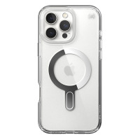 Przezroczyste etui Speck Presidio2 Grip ClickLock z wbudowanym pierścieniem MagSafe na pleckach, założone na smartfon Apple iPhone 16 Pro Max, widok z tyłu.