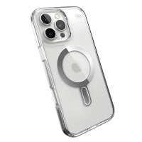 Przezroczyste etui Speck Presidio2 Grip ClickLock z MagSafe do iPhone 16 Pro Max, ukazujące wyspę aparatów oraz magnetyczny pierścień na tylnym panelu.