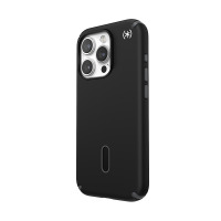 Czarne etui Speck Presidio2 Pro ClickLock MagSafe do iPhone 15 Pro, widok na tylny panel z wyspą aparatów, logotypem marki oraz centralnym złączem ClickLock.