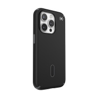 Czarne etui Speck Presidio2 Pro ClickLock do iPhone 15 Pro, widok na plecki z wyspą aparatów, logiem producenta oraz charakterystycznym zapięciem MagSafe.