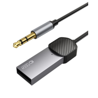 Szary adapter Tech-Protect Bluetooth Aux Audio z wtykiem jack 3,5 mm i złączem USB-A, widoczne logo marki na obudowie oraz czarny przewód łączący elementy.