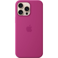 Fuksjowe etui silikonowe Apple MagSafe do iPhone 16 Pro Max z wycięciem na potrójny aparat, widoczne logo Apple na środku plecków oraz złote obiektywy.