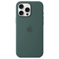 Silikonowe etui Apple MagSafe w kolorze jeziornej zieleni do iPhone 16 Pro Max, widok na plecki z wycięciem na potrójny aparat i logo producenta.