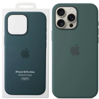 Silikonowe etui Apple w kolorze Lake green do iPhone 16 Pro Max w opakowaniu oraz założone na telefon z widoczną wyspą aparatów i logo producenta.
