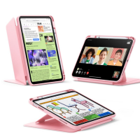 Różowe etui ESR Flip Hybrid do iPad 11 2025 i 10,9 10 gen. 2022 w trzech ustawieniach: pionowym, poziomym do wideokonferencji oraz płaskim do rysowania.