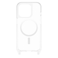 Przezroczyste etui OtterBox React Clear do iPhone 15 Pro z widocznym okręgiem MagSafe na pleckach oraz wycięciem na wyspę aparatów i port ładowania.