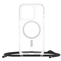 Przezroczyste etui OtterBox React Clear do iPhone 15 Pro z wbudowanym pierścieniem MagSafe oraz czarną smyczą mocowaną do dolnej krawędzi obudowy.