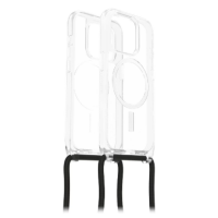 Przezroczyste etui OtterBox React Clear do iPhone 15 Pro z wbudowanym pierścieniem MagSafe oraz czarną smyczą mocowaną do dolnej krawędzi obudowy.