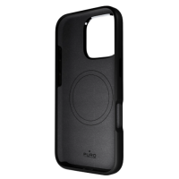 Czarne etui PURO ICON Mag Cover do iPhone 16 Pro z widocznym od wewnątrz okręgiem magnetycznym MagSafe oraz wycięciem na wyspę aparatów na tylnej ściance.