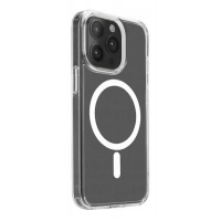 Przezroczyste etui PURO LiteMag z wbudowanym pierścieniem magnetycznym MagSafe do iPhone 15 Pro, prezentujące wycięcie na wyspę aparatów i profil urządzenia.