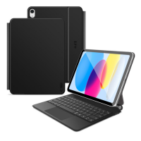 Czarne etui Tech-Protect Smartcase Magnetic z klawiaturą do iPada 10.9 2022, widoczne w złożonej formie oraz otwarte z zamontowanym tabletem i touchpadem.