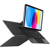 Magnetyczne etui z klawiaturą Tech-Protect do iPada, prezentujące tablet z kolorową tapetą zamontowany na podstawce z wbudowanym panelem dotykowym.
