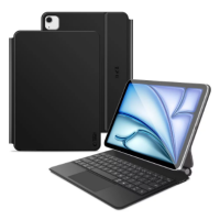Czarne etui Tech-Protect Smartcase Magnetic z klawiaturą do iPad Air 11 i 10.9, prezentowane w formie zamkniętej oraz otwartej z tabletem w pozycji stojącej.