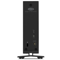 Tylny panel dysku zewnętrznego LaCie d2 Professional z widocznym portem USB-C, gniazdem zasilania, blokadą Kensington oraz logotypem design by neil poulton.