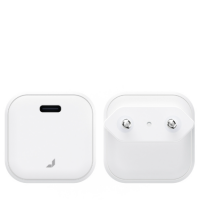 Biała ładowarka sieciowa JCPAL Bolt Pro USB-C 35W z widocznym portem ładowania z przodu oraz wtyczką typu europejskiego na tylnej ściance urządzenia.