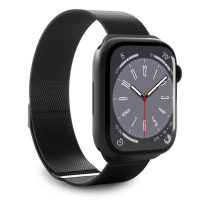 Czarny pasek Puro Milanese z magnetycznym zapięciem do Apple Watch, widoczny na zegarku z tarczą typu analogowego z widocznymi informacjami o pogodzie i UV.